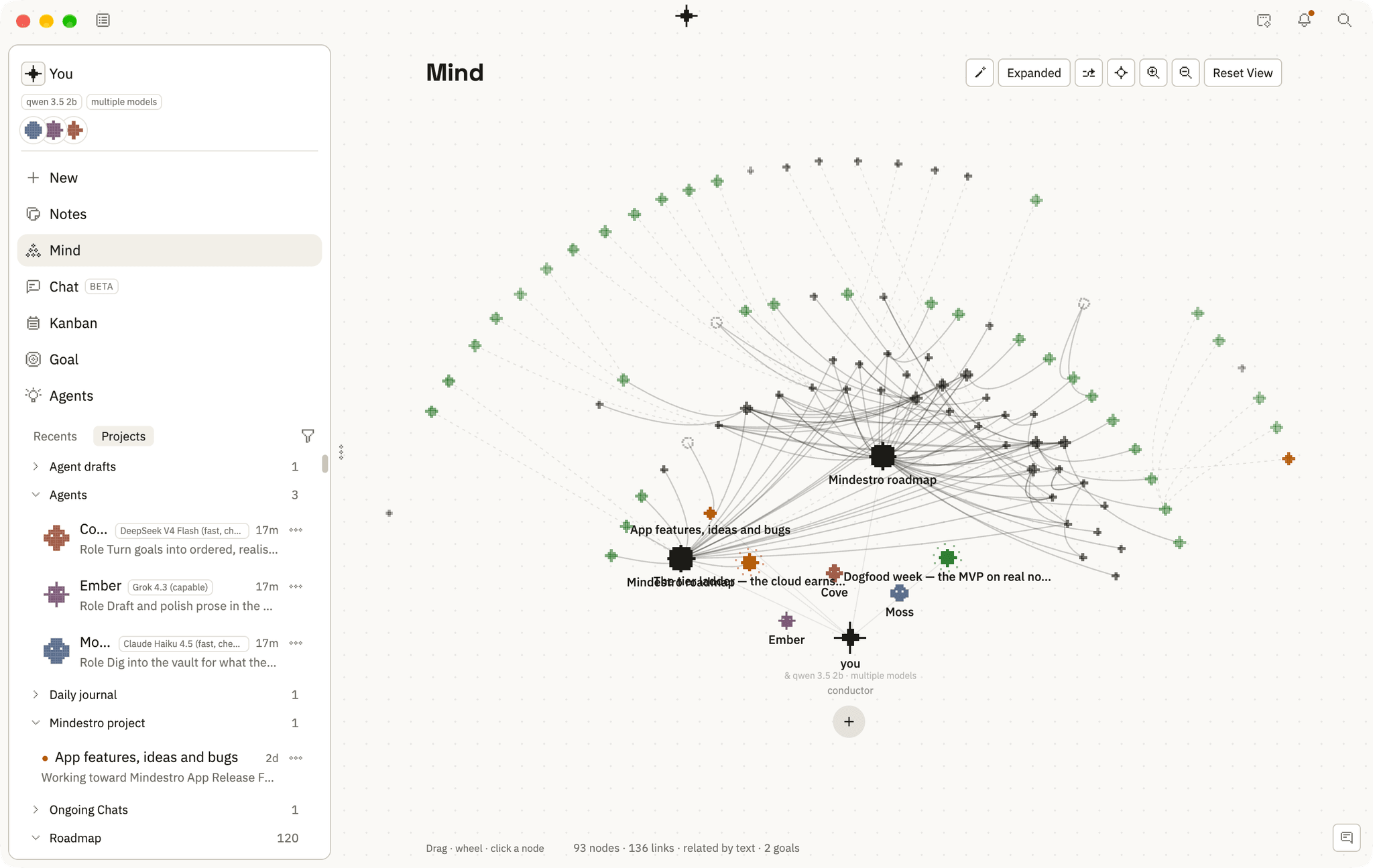 Mindestro's Mind view: notes stand as nodes, and the links between them draw a map.